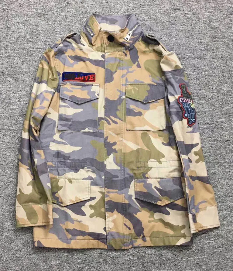 

Woman Camouflage Jacket Front Four Pockets Love Embroidered Long Sleeves Patch Girl can do anything Stand Collar coat