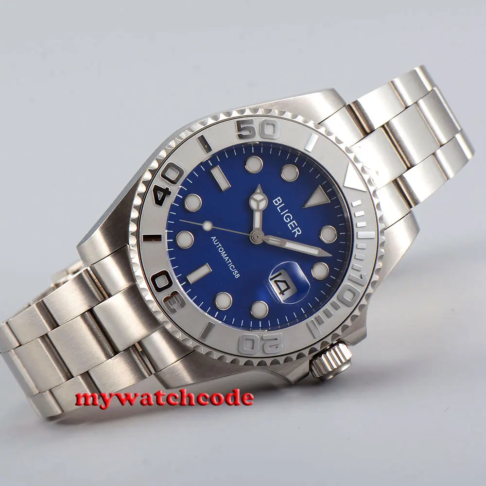 Bliger Blue Dial Date Luminous Sapphire Glass Automatic Mens Watch P29 Rotating Bezel Oyater Bracelet | Наручные часы