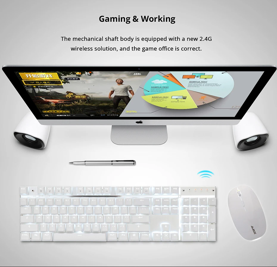 Ajazz A3008 2.4G Wireless Mechanical Keyboard & Mouse Combos White Backlit Blue Switches Keyboard 1600DPI Mouse  (2)