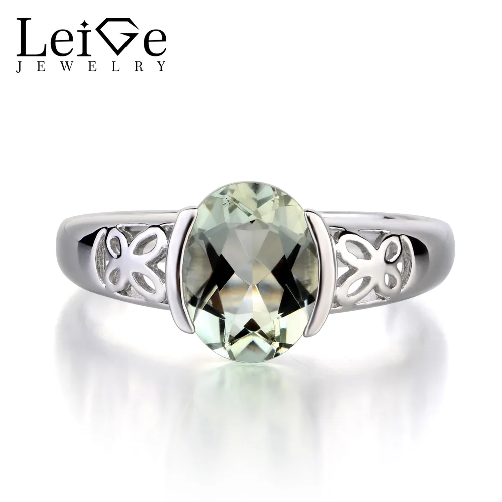Leige Jewelry Solid 925 Sterling Silver Ring Natural Green Amethyst Fine Gemstone Oval Cut