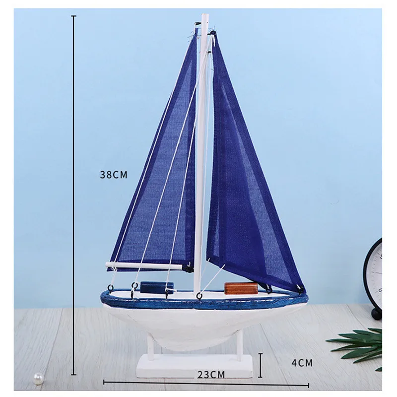 Mediterranean style sailboat model SML size classic blue sailing boat Handmade solid wood to create sailing ornaments