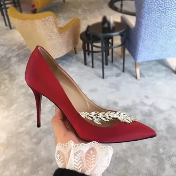 

Kmeioo New Fashion Wedding Shoes Woman Jewel Evening Pumps Pointed Toe High Heels Slip-on Crystal Stiletto Satin Thin Heels Prom