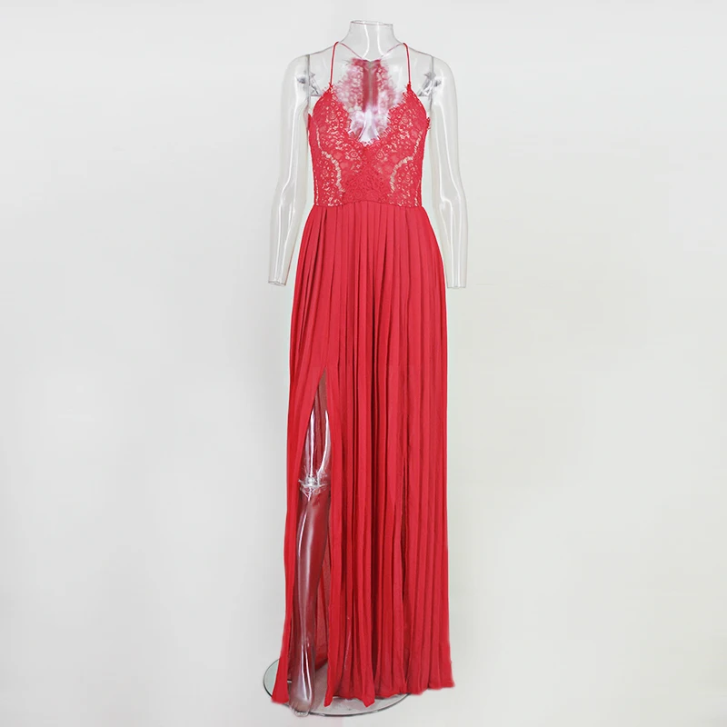 Justchicc Плиссированное кружевное Макси платье женское белое красное Элегантное Длинное Платье с вырезом на шее пикантное платье с разрезом Лето vestidos
