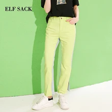 ELFSACK, новинка, женские джинсы, хлопок, средний контраст, пэтчворк, полная длина, женские брюки, большие, Kpop, джинсовые брюки, женские брюки