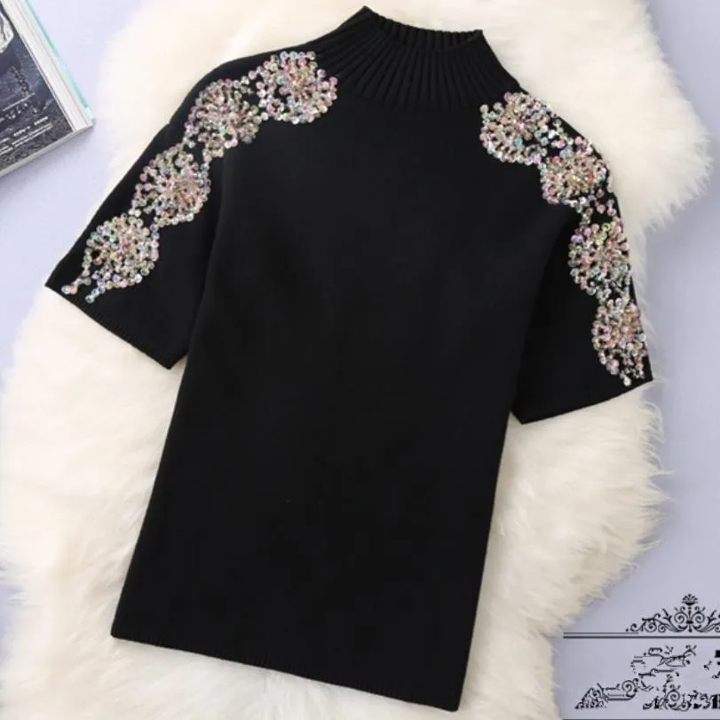 2020 spring and autumn new short-sleeved beaded