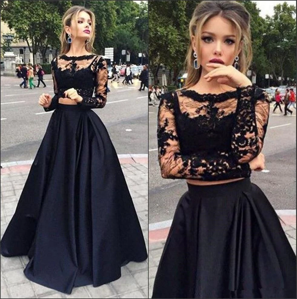 Новый стиль двойка платье для выпускного вечера 2018 черный с длинным рукавом Вечеринка платье кружевной аппликацией