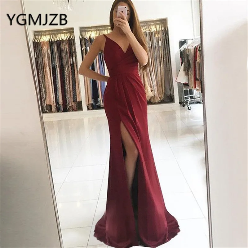 

Sexy Long Evening Dresses 2019 A-Line V-neck Spaghetti Strap High Slit Satin Saudi Arabic Women Formal Prom Gown Party Dress