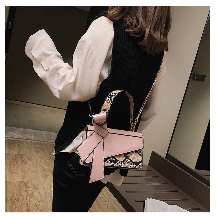 Women Handbag Snake Print Crossbody Bag 2019 New Elegant Bow Satchel Shoulder Tote Fashion Designer Khaki Black White Hand Bags (12)