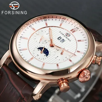 

FORSINING Royal Multifunction Automatic Watch Men Moon Phase 3 Sub-dials 6 Hands Dial Genuine Leather Watches Top Brand Luxury