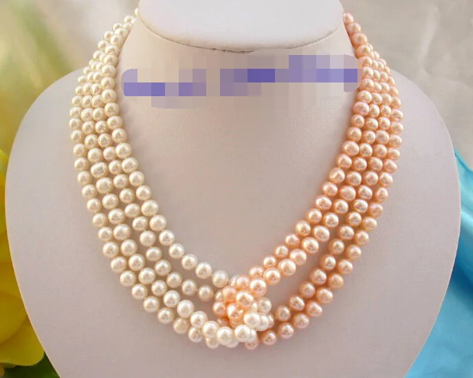 

Beautiful 4rows 7mm round white pink freshwater pearls necklace 17"