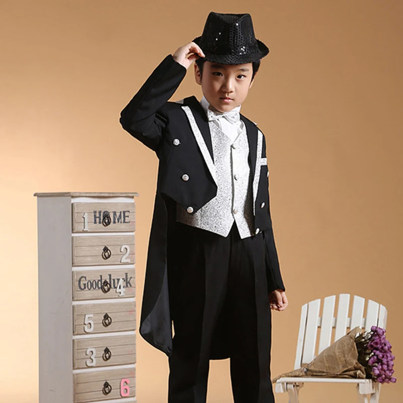 6pcs/Set Black Boys Tuxedo Dress Suits For Boys Formal Wear For