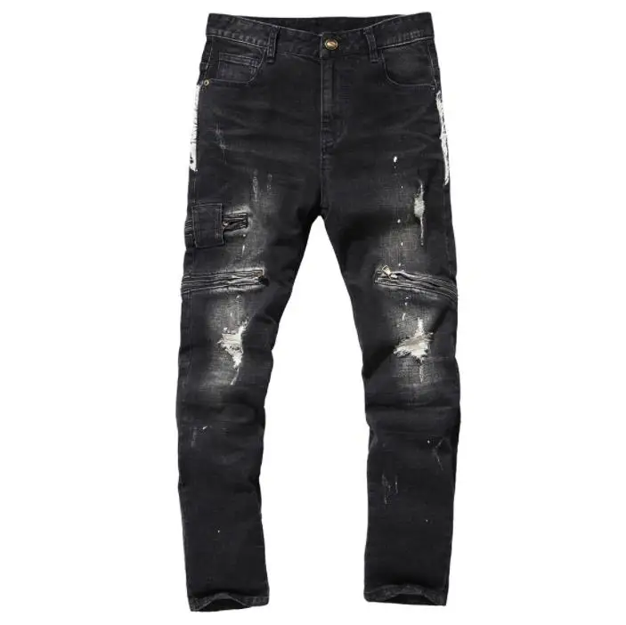 Модные рваные джинсы для отдыха мужские хлопковые длинные брюки черные джинсовые брюки повседневные Прямые джинсы мужские брюки большой