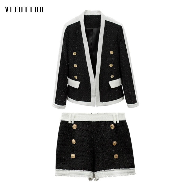 

2019 New Tweed 2 Piece Set Women Double Breasted Office Women Suit Coat+Shorts Spring autumn Casual Long Sleeve Women's Sets