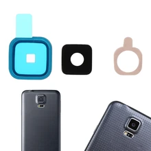 1 ensemble de couvercle en verre d'objectif de caméra arrière + cadre en métal + autocollant pour Samsung Galaxy S5