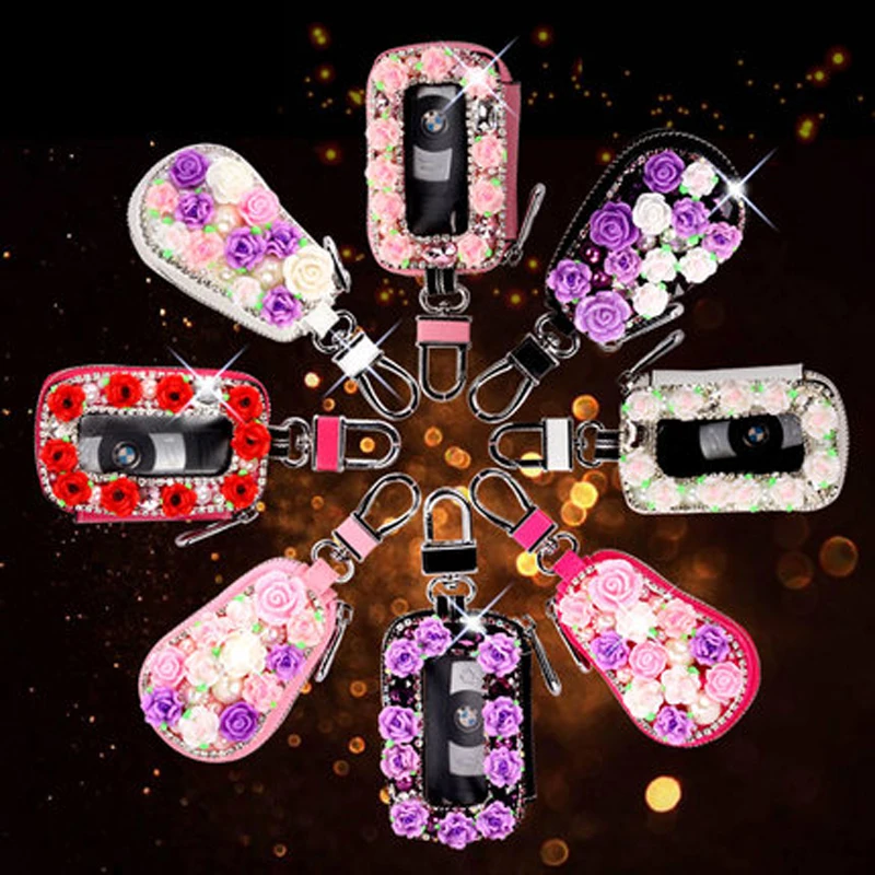 

Camellia Flower Car Key Case For Women Girls Leather Pear Diamond Auto Keys Holder Cover Hand-make DIY Storage Bag Pink Gifts