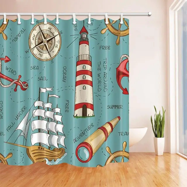 Nautical Decor Wooden Sailboat and Lighthouse Bath Curtain Polyester