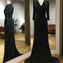 Блестящие черные вечерние платья Русалка с блестками, длинные рукава,, элегантное платье с v-образным вырезом размера плюс, женские вечерние платья, длинное платье для выпускного вечера
