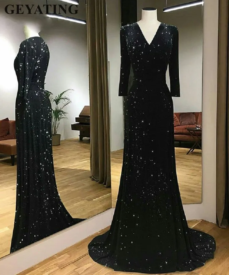 Sparkly Black Sequin Mermaid Evening Dresses Long Sleeves 2019 Elegant V-neck Plus Size Women Formal Party Gowns Long Prom Dress