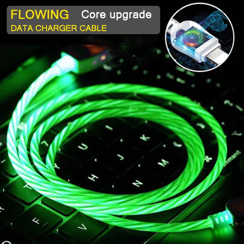 

LED Flowing Charger Cable For IPhone 7 x xr xs Android Micro Type-c USB Mobile Phone Fast Charging Data USB Magnet Charge Cable