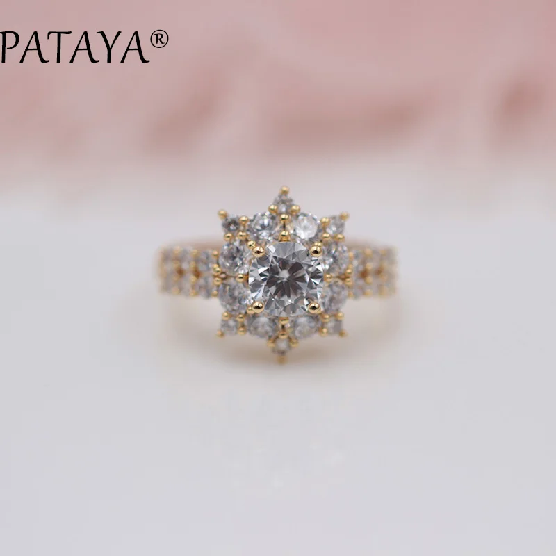 

PATAYA New Arrivals White Sunflower Round Natural Zirconia Rings 585 Rose Gold Ring Women Luxury Trendy Wedding Party Jewelry