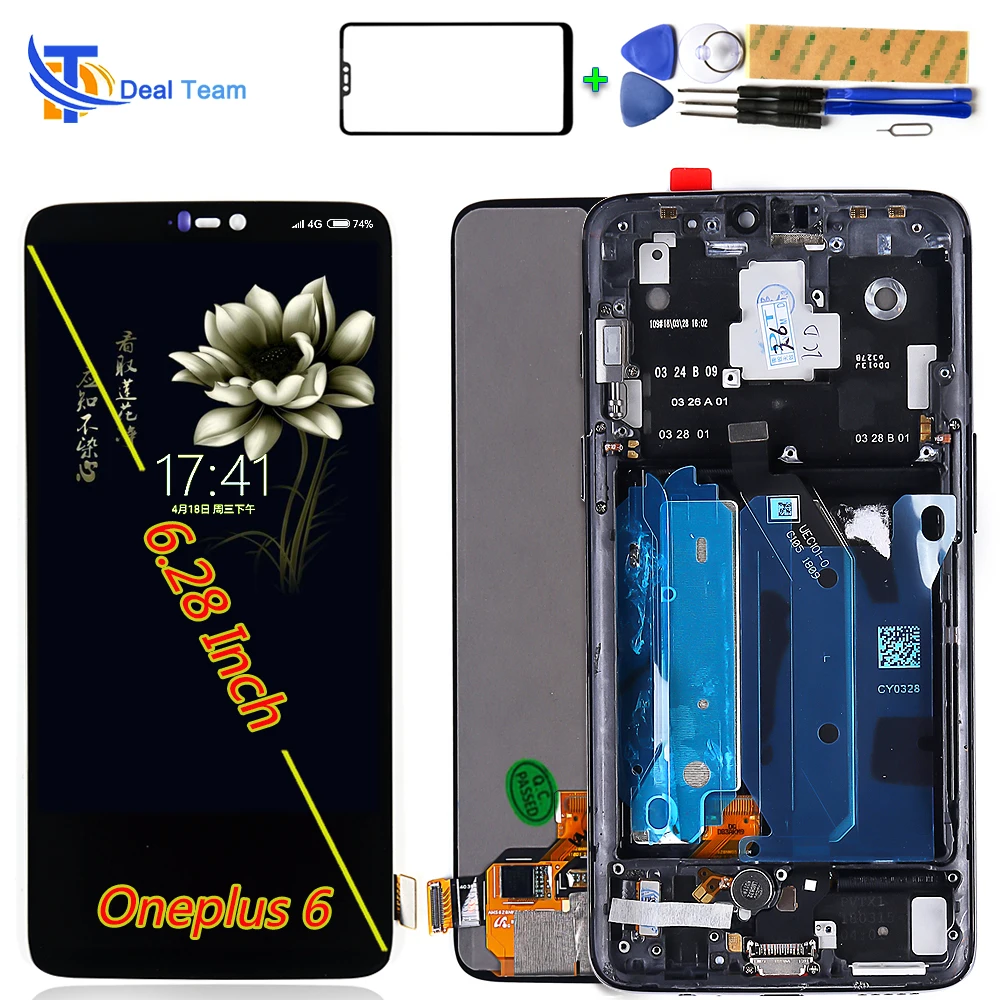 

Deal Team 6.28 inch Optic AMOLED for Oneplus 6 LCD Display Touch Screen Digitizer Assembly 2280*1080 Free Tempered Glass Tools
