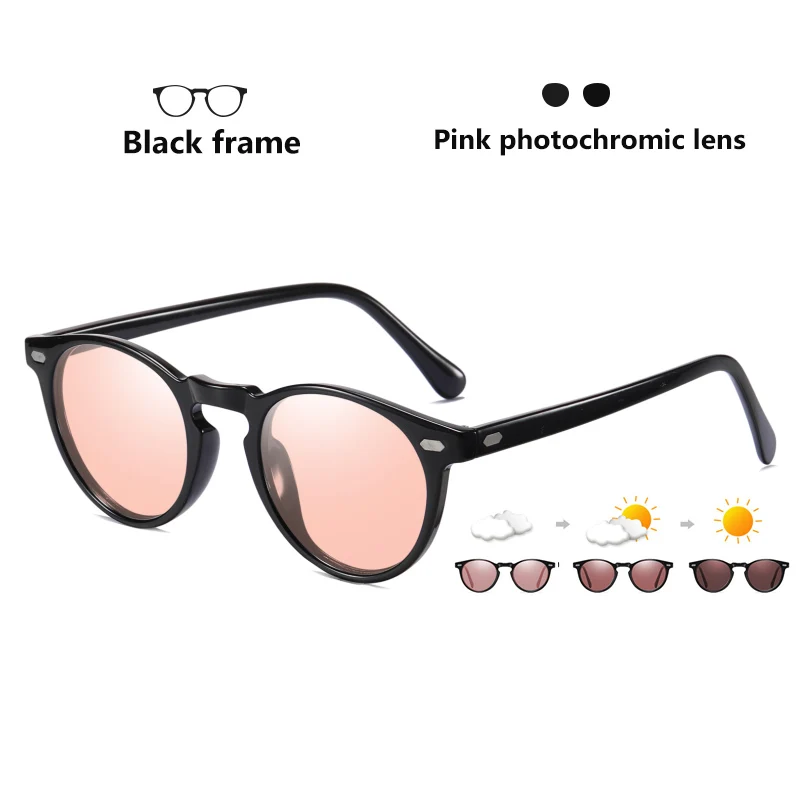 Брендовые дизайнерские круглые фотохромные солнцезащитные очки для женщин и мужчин TR90 дужки поляризованный объектив устойчивый к УФ солнцезащитные очки Хамелеон женские очки - Цвет линз: Black-Pink