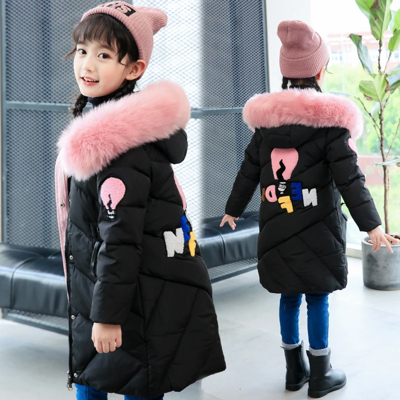 

Russian winter 4-13 years Girls Winter coat Kids Outwear hooded Long Down coat warmth Fur collar cartoon embroidered letters
