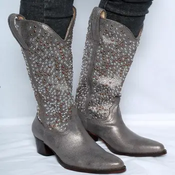 

Hot Fashion Sexy Gray Spilt Leather Mid-Calf Shoes Slip-On Pointed toe Square Heel Women's Shoes String Bead Ladies Boots