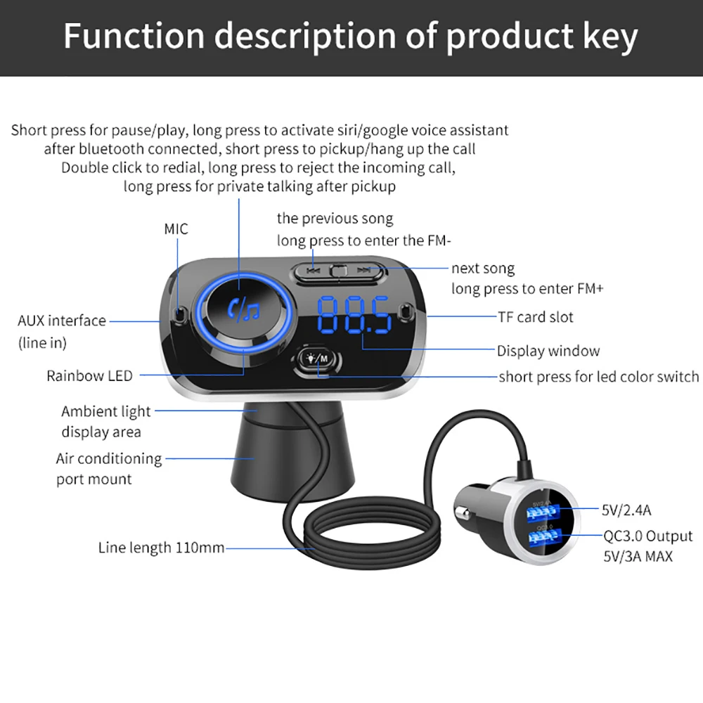 Rainbow Colors Bluetooth Hands-free Calling Car Kit FM Radio MP3 Music Player USB Car Charger Support 2 Phone Connection TF Card