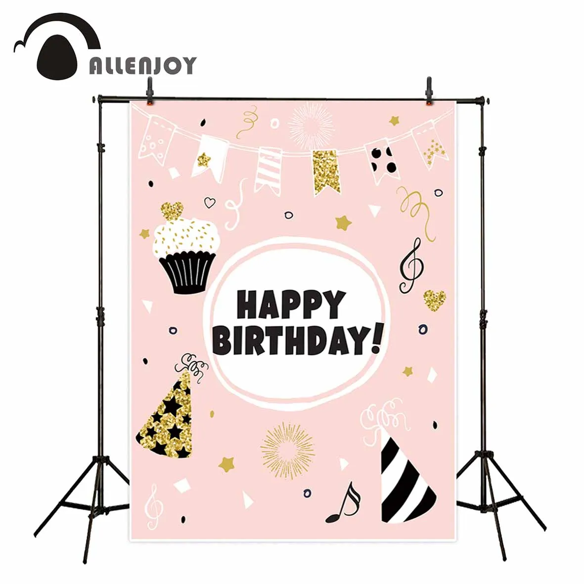 Allenjoy photo background Happy Birthday backdrop pink design with golden glitter cupcake dots and flags backgrounds | Электроника