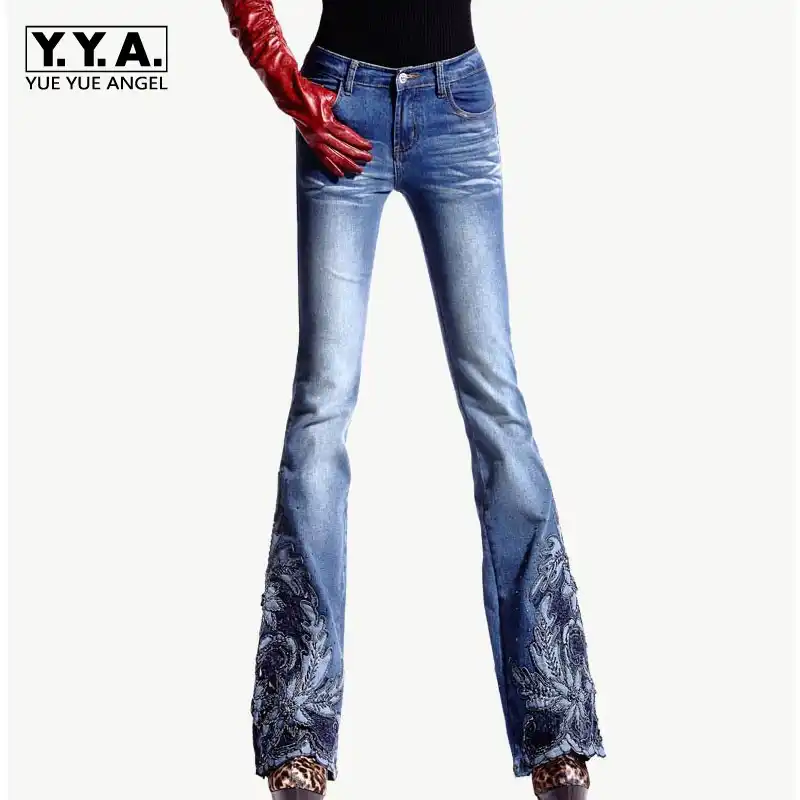 WUAI-Women Bell Bottoms Jeans Classic High Waist Bootcut Flared Denim Pants Plus Size