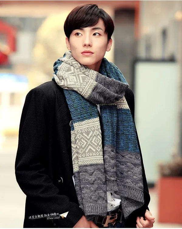 Зимний мужской шарф теплый шерстяной платок плетеное цвет - Цвет: BLUE GREY