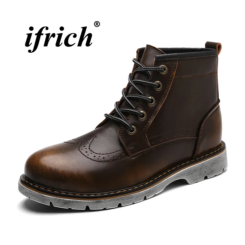 

Vintage Brogue Style Designer Men Boots Black/Wine Red Work Boots For Men High Top Male Shoes Casual Split Leather Martins Boots
