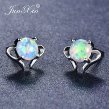 JUNXIN круглая Радужная огненная запонка с опалом, серьги для женщин, серебро 925 пробы, белые синие опалы, серьги в форме сердца