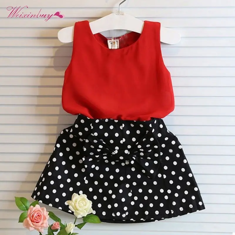 

WEIXINBUY New Summer Kids Baby Girl Clothing Set Sleeveless Chiffon Tops+Polka Dot Bowknot Mini Skirts L07