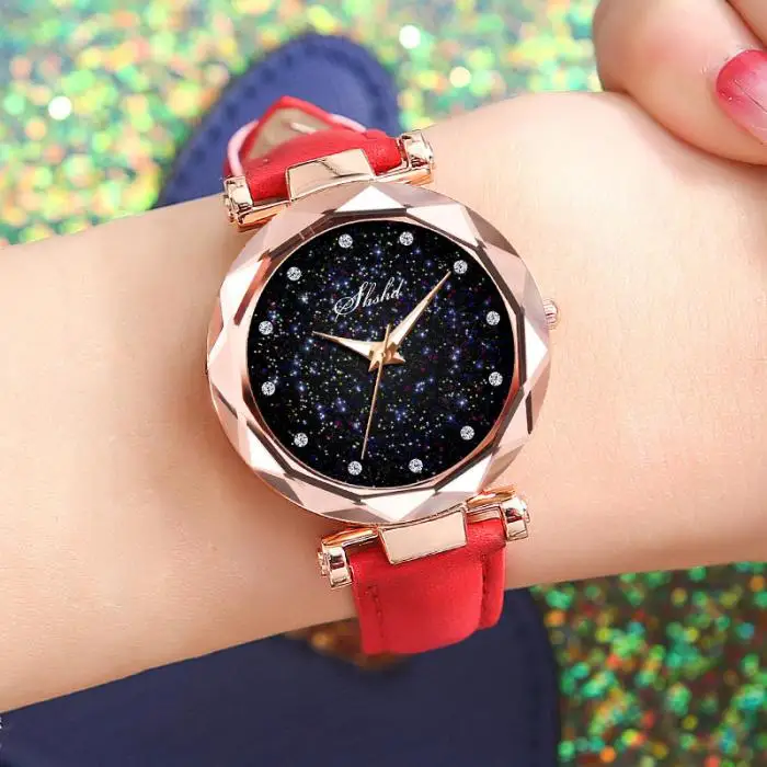 Women Quartz Watch Round Star Dial Wrist Watch with Perforated Frosted Strap GDD99