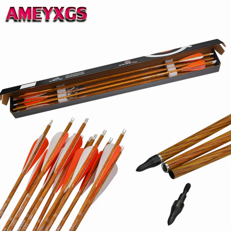 

6Pcs 33" Archery Pure Carbon Arrows Spine 500 Wood Skin Shaft 4" Vanes Arrow Carbon Outdoor Target Hunting Shooting Accessories