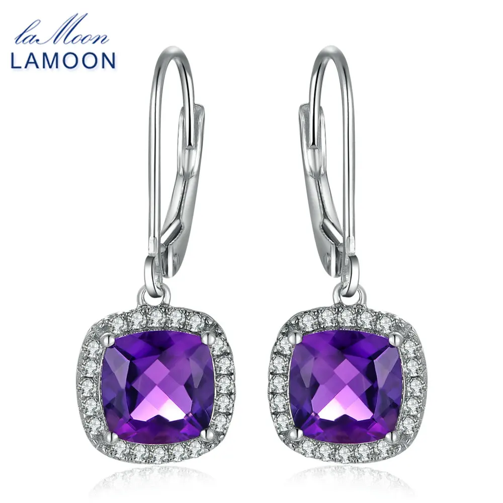 

LAMOON Drop Earrings for Women 2.4ct 100% Natural Purple Amethyst 925 Sterling Silver Fine Jewelry Classic Party Aretes EI001