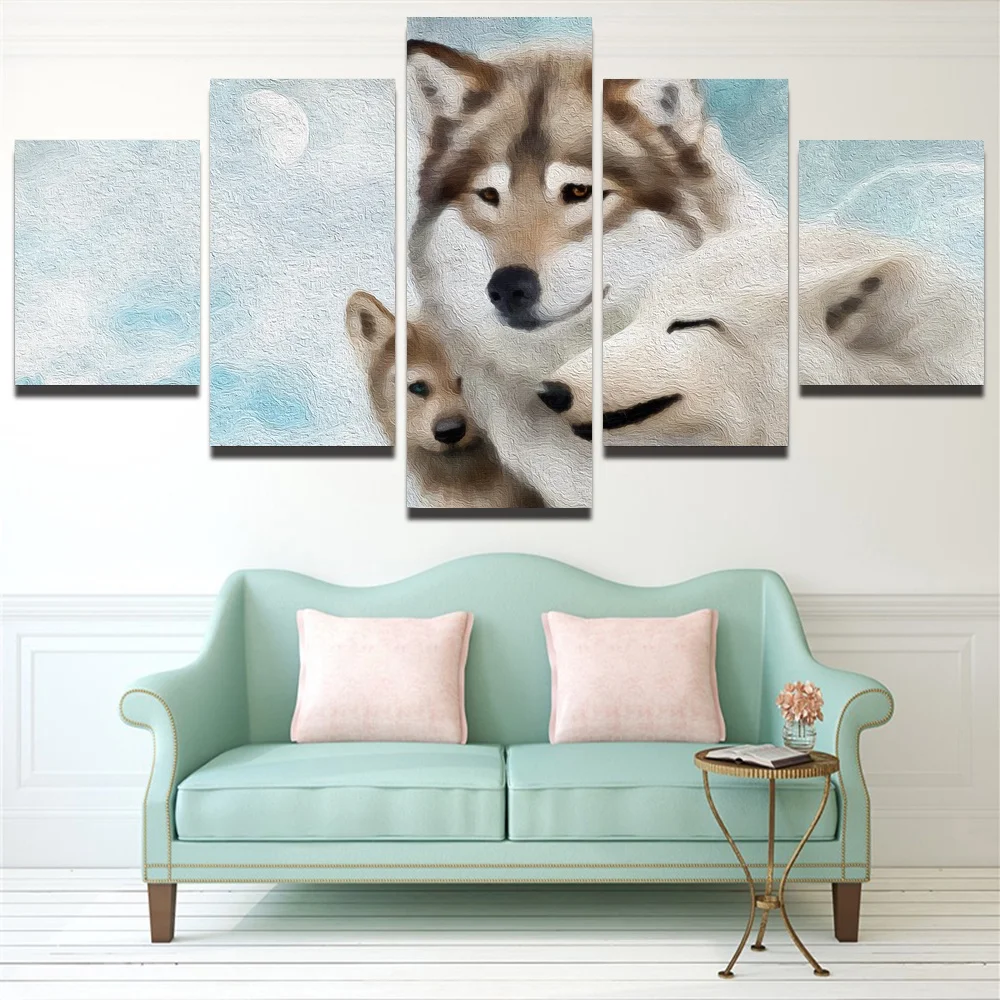 5 Panel Large HD Printed Painting Wolf Colorful Canvas Print Art Home Decor Wall Picture for Living Room | Дом и сад
