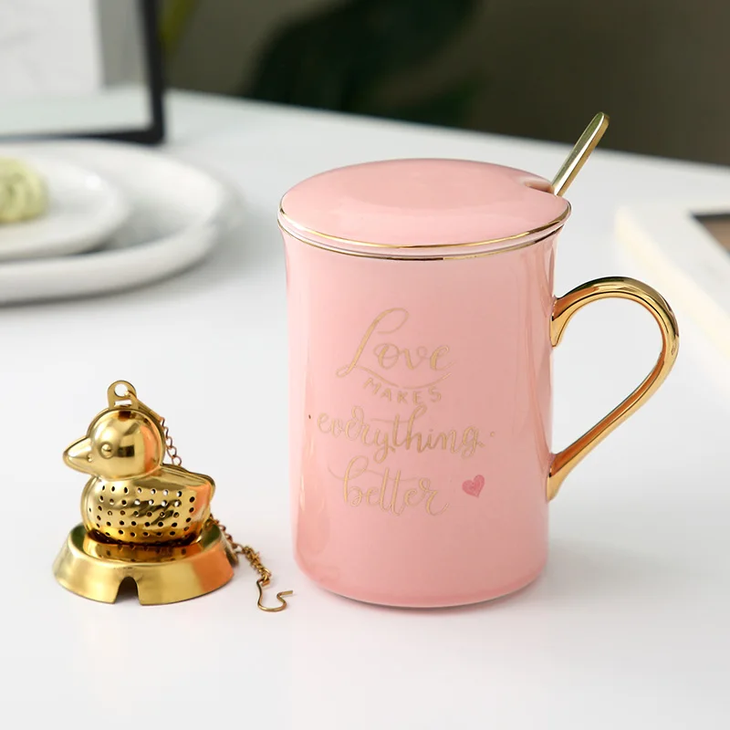 MUZITY керамическая кофейная кружка современный дизайн костяного фарфора чайная кружка с крышкой и ложкой 400 мл Любовь кружки Посуда для напитков подарок - Цвет: Pink-A