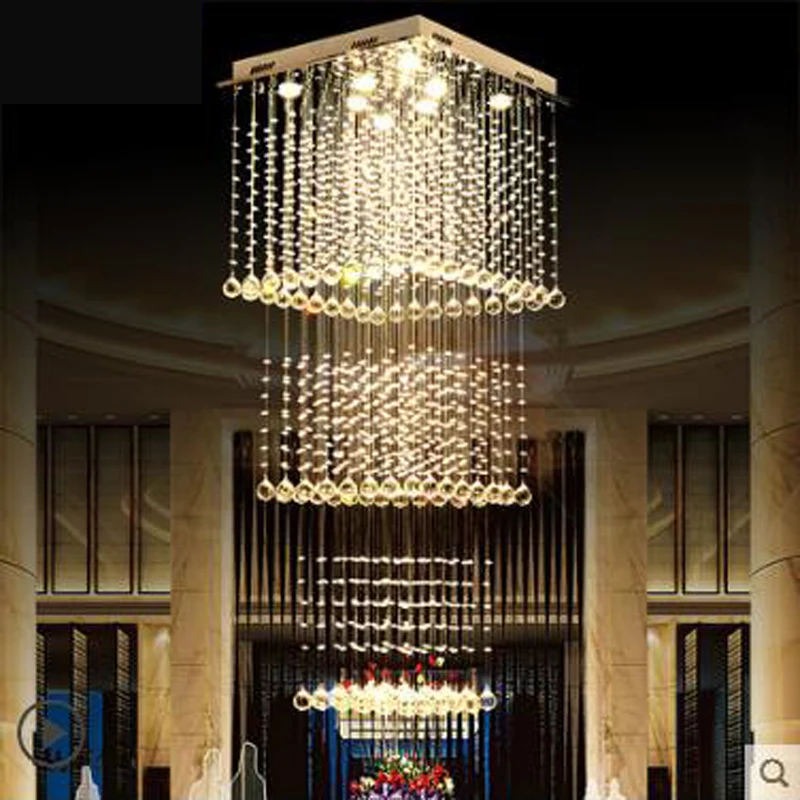 Square crystal chandelier living room lamp Three story villa double