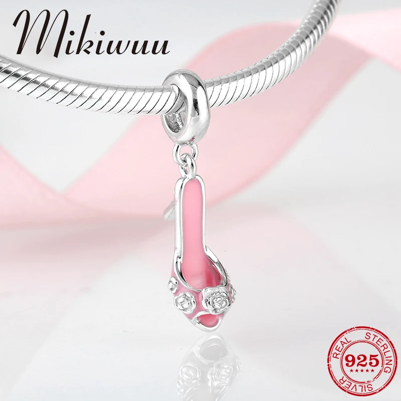 

925 Sterling Silver Pink Rose Enamel high Heel shoes fine Pendant Jewelry making fit Original Pandora Charm women Bracelet