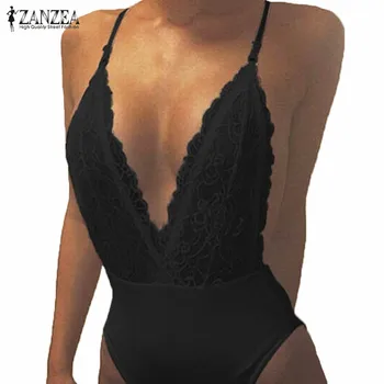 ZANZEA 2017 Summer Fashion Sexy Rompers Women Jumpsuit Deep V Neck Sleeveless Spaghetti Strap Backless Playsuit Lace Bodysuit