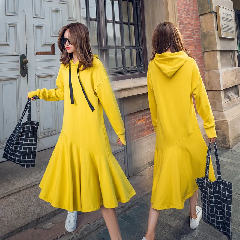 Cotton Hooded Yellow Dresses for Women Bright Color Casual Girls Woman