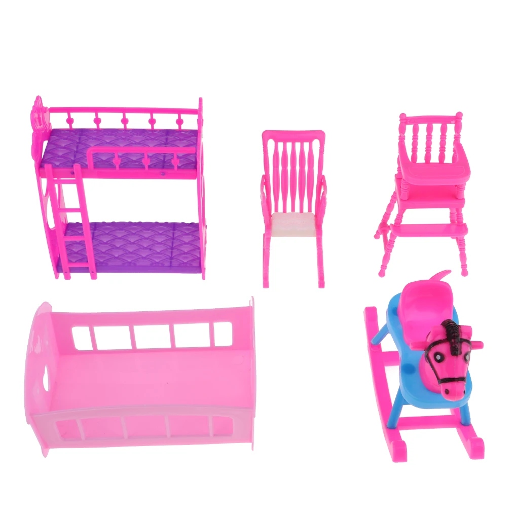 5Pcs Dolls House Mini Rocking Horse Bunk Bed Single Bed Dining Chair Model for   Doll Hot Toys Accessories Gifts