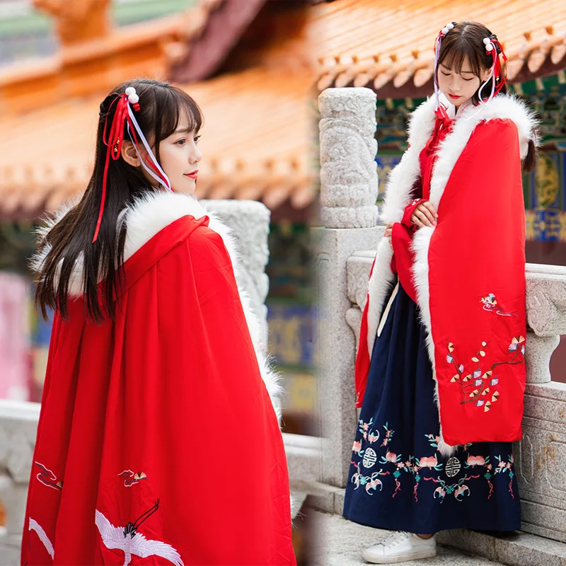 Cosplay Cachemire Épaissir Cape Noël Long Chinois Manteau Outwear Grue De À Femmes Laine Capuchon Broderie Floral Fourrure 6OFRqwZ