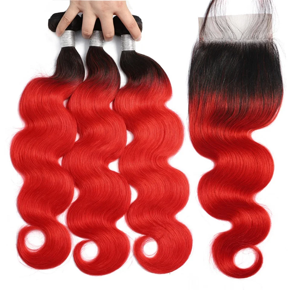 

Goodliness 1B/Red Bundles With Closure Ombre Body Wave 3 Bundles With Closure Preplucked Baby Hair 100% Remy Peruvian Human Hair