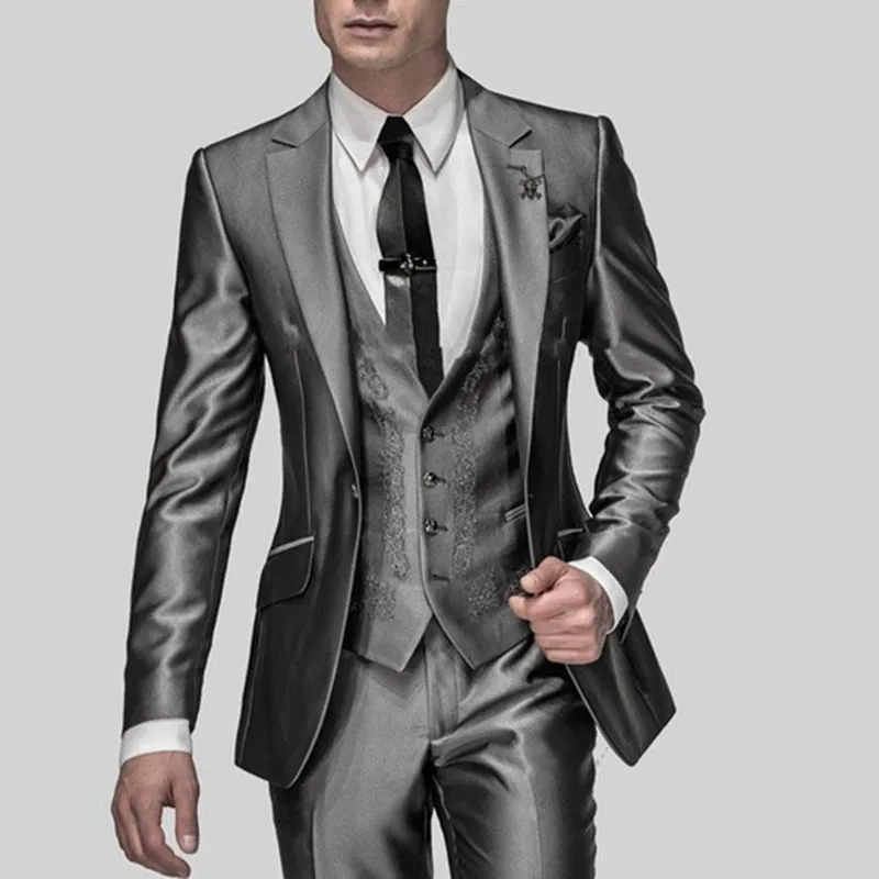 

Hot Sale Slim Fit Groom Tuxedos Shiny Grey Best man Suit Notch Lapel Groomsman Men Wedding Suits Bridegroom(Jacket+Pants+vest)