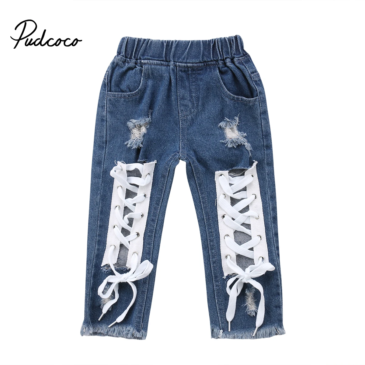 

2018 Brand New Toddler Infant Child Kids Baby Boys Girls Bandage Denim Long Pants Jeans Trousers Hole Ripped Bottoms 1-6T