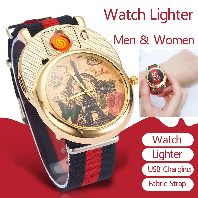

Rechargeable Flameless USB Lighter Men's Quartz Wristwatches Fabric Nylon Watchband relogio masculino Cigarette Lighter Watches